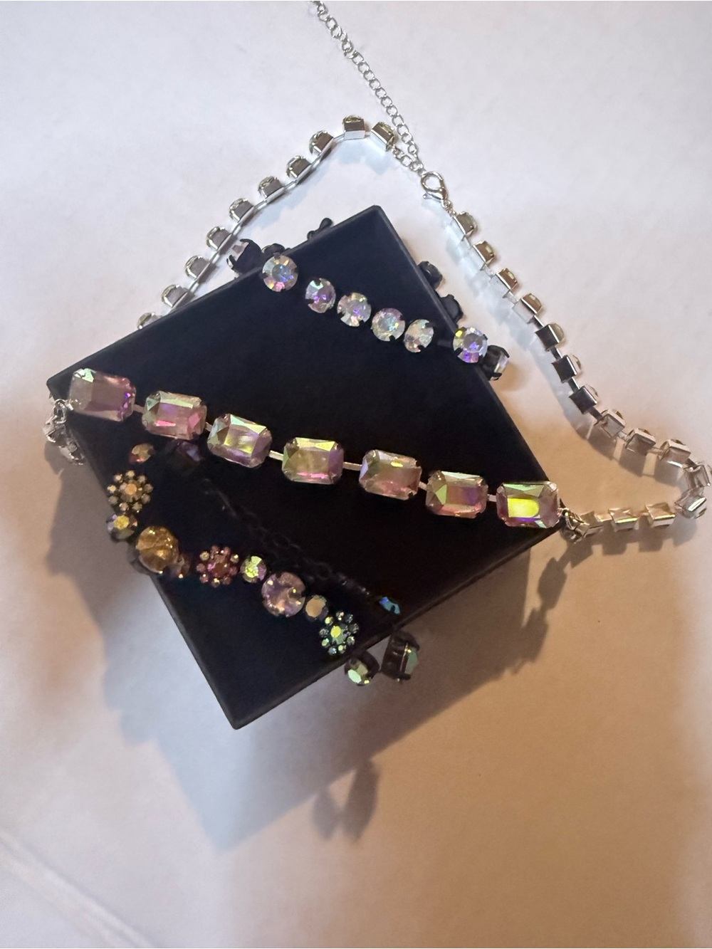 Source Unknown Iridescent Crystal Bracelet Set with Silver Chain